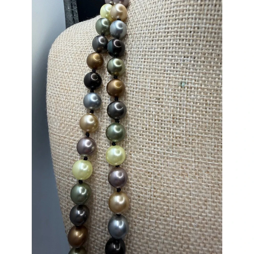 Long Multi Color Faux‎ Pearl Hand Knotted Necklace Bronze Green Silver 48 Inch